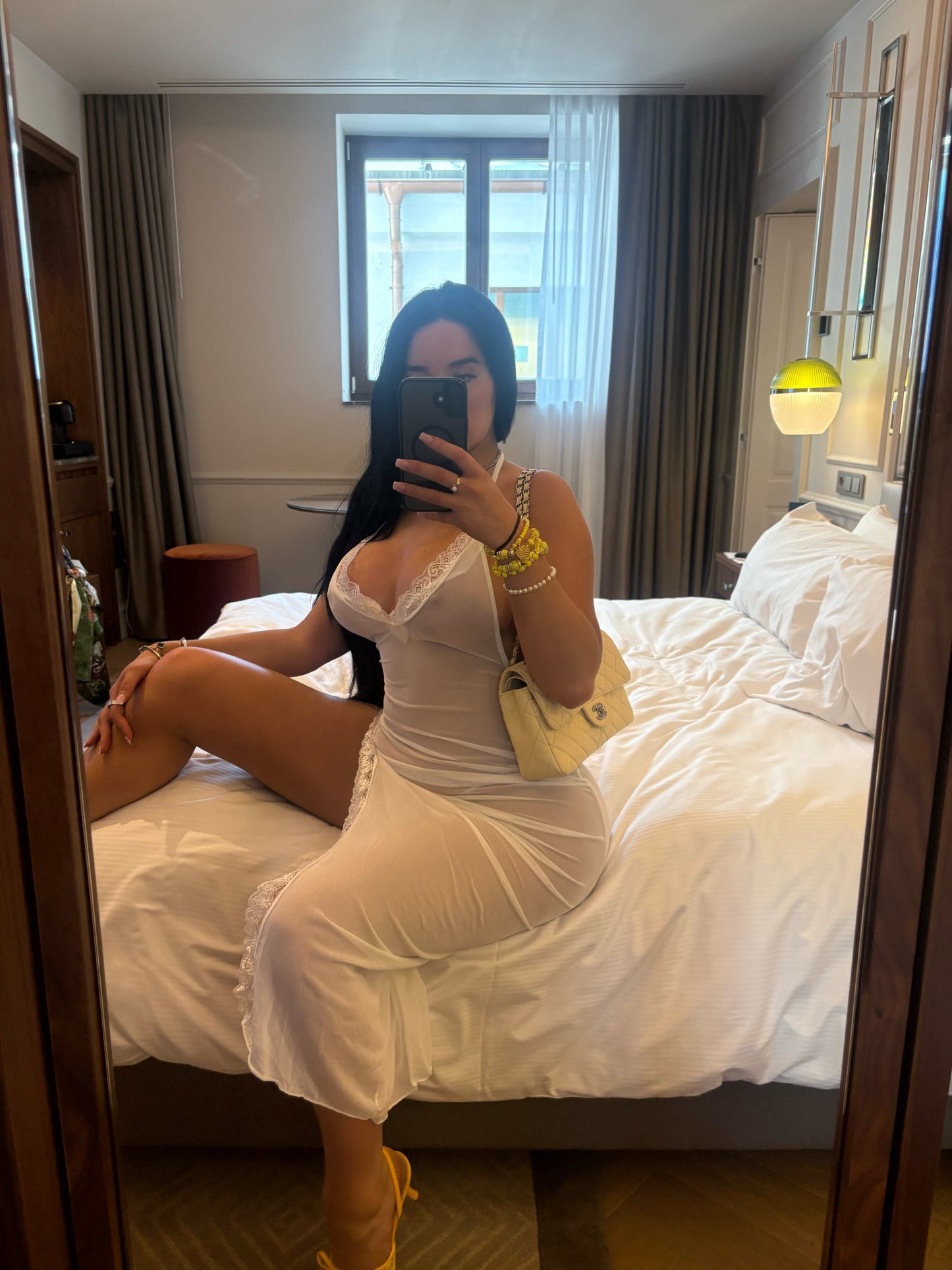 Bella mesh lace trim side slit dress