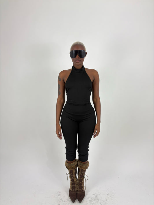 Black high neck capri jumpsuit